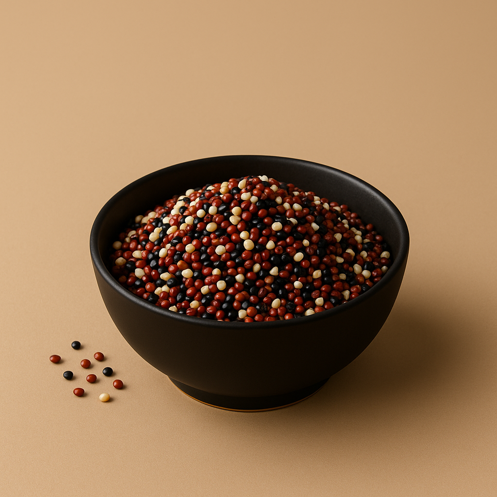 A sophisticated arrangement of quinoa in a ceramic bowl.